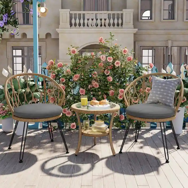 Set da 3 pezzi per esterno, set bistro da patio, set da conversazione include 2 sedie singole in rattan e un tavolino rotondo in vetro