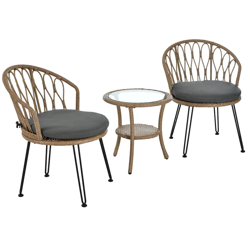Set da 3 pezzi per esterno, set bistro da patio, set da conversazione include 2 sedie singole in rattan e un tavolino rotondo in vetro