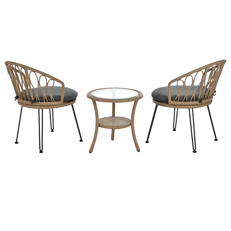 Set da 3 pezzi per esterno, set bistro da patio, set da conversazione include 2 sedie singole in rattan e un tavolino rotondo in vetro