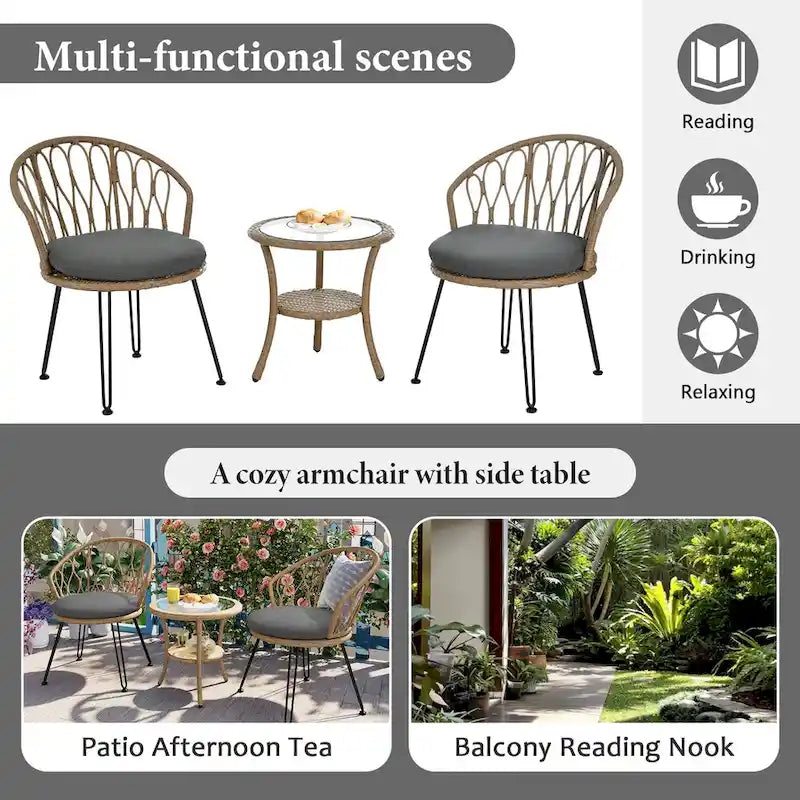 Set da 3 pezzi per esterno, set bistro da patio, set da conversazione include 2 sedie singole in rattan e un tavolino rotondo in vetro