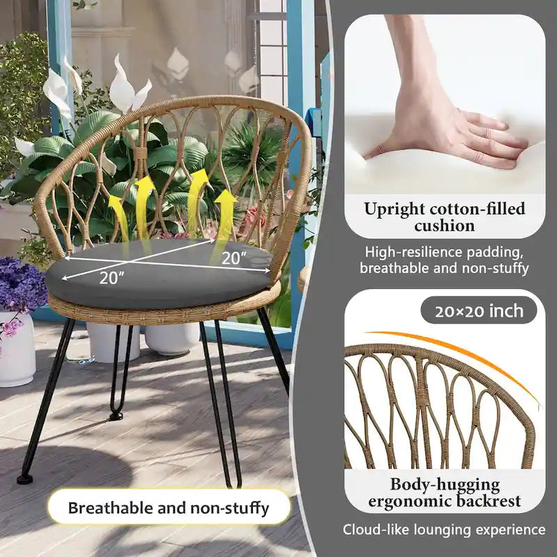 Set da 3 pezzi per esterno, set bistro da patio, set da conversazione include 2 sedie singole in rattan e un tavolino rotondo in vetro