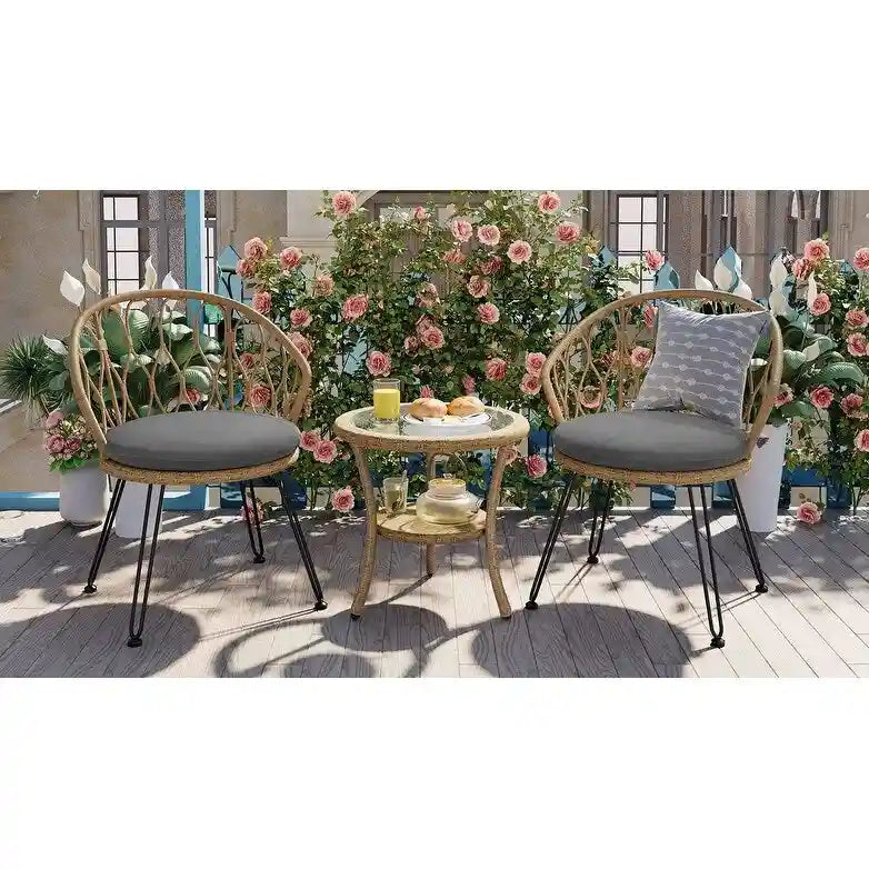 Set da 3 pezzi per esterno, set bistro da patio, set da conversazione include 2 sedie singole in rattan e un tavolino rotondo in vetro