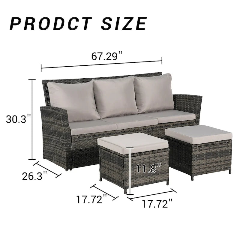Set divano da conversazione per esterni da 3 pezzi con due pouf, in rattan PE resistente alle intemperie