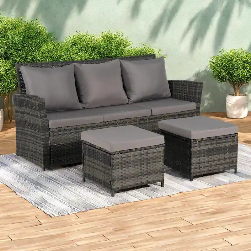 Set divano da conversazione per esterni da 3 pezzi con due pouf, in rattan PE resistente alle intemperie