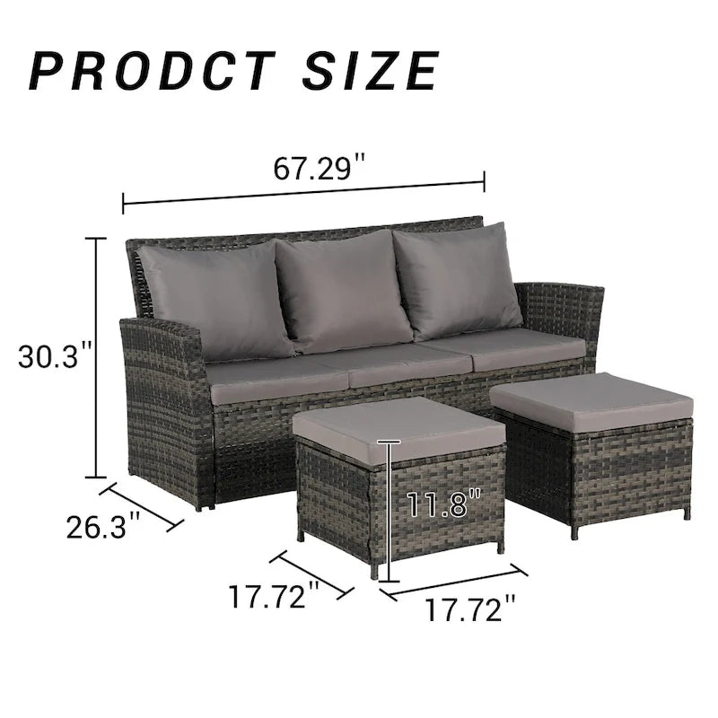 Set divano da conversazione per esterni da 3 pezzi con due pouf, in rattan PE resistente alle intemperie