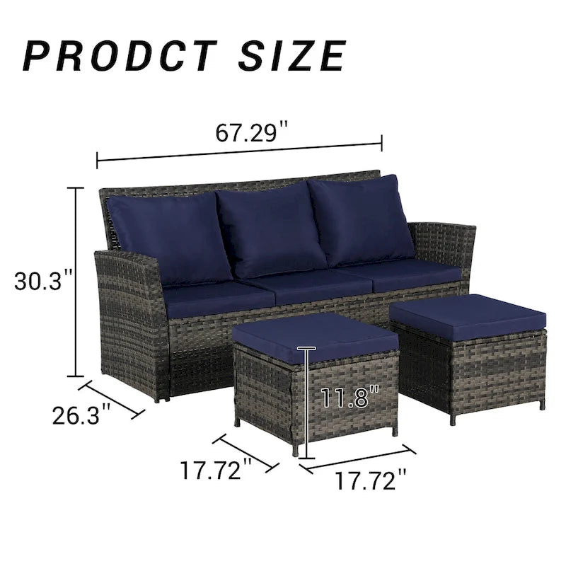 Set divano da conversazione per esterni da 3 pezzi con due pouf, in rattan PE resistente alle intemperie