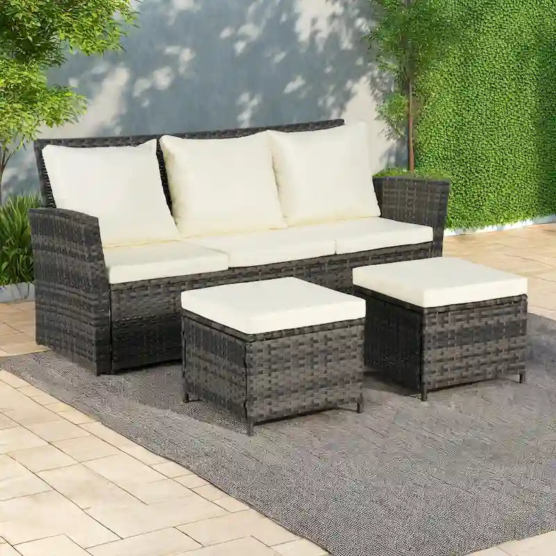 Set divano da conversazione per esterni da 3 pezzi con due pouf, in rattan PE resistente alle intemperie