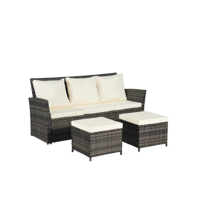 Set divano da conversazione per esterni da 3 pezzi con due pouf, in rattan PE resistente alle intemperie