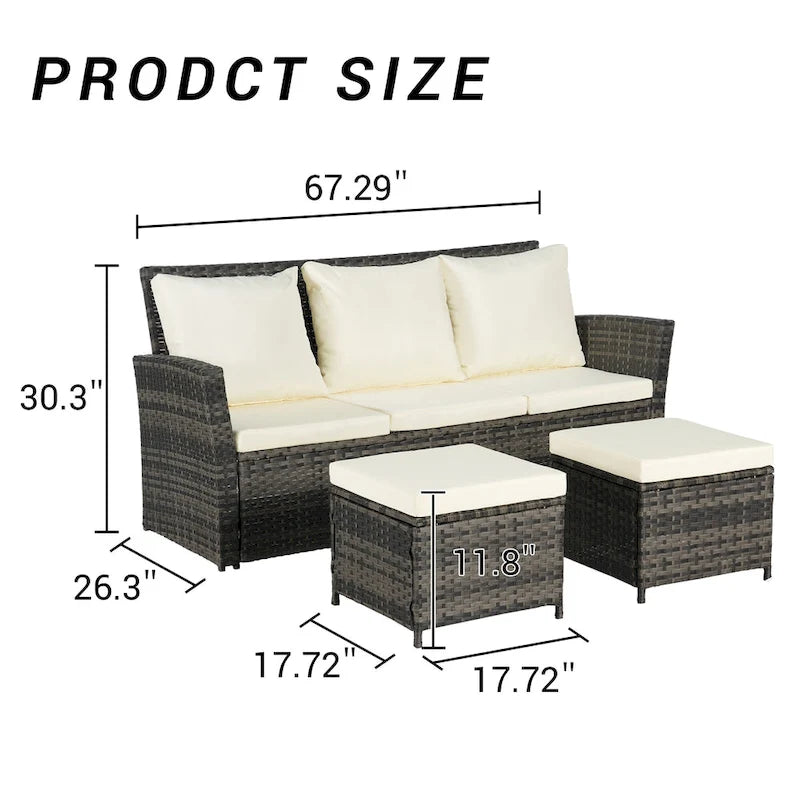 Set divano da conversazione per esterni da 3 pezzi con due pouf, in rattan PE resistente alle intemperie