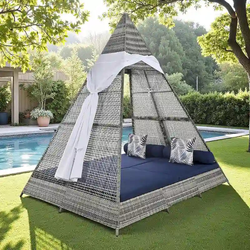 90.5 Outdoor Patio Wicker Triangle Tent Daybed Sunbed with Colorful Pillows and Curtain
