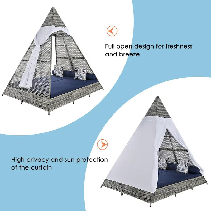 Lettino a tenda triangolare in vimini per esterni da 90,5" con cuscini colorati e tenda