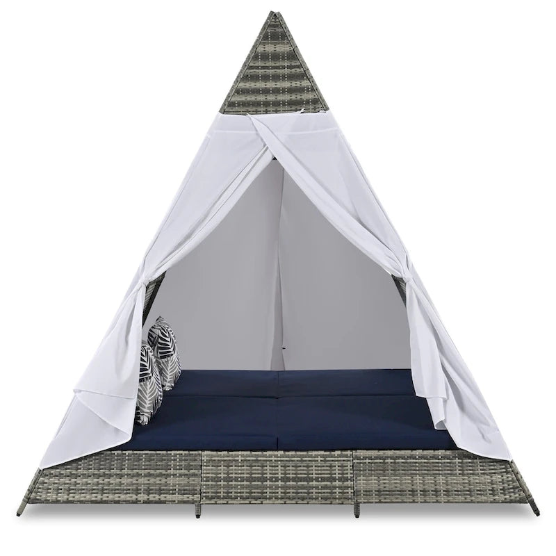 Lettino a tenda triangolare in vimini per esterni da 90,5" con cuscini colorati e tenda
