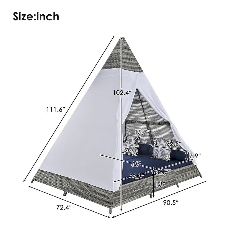 Lettino a tenda triangolare in vimini per esterni da 90,5" con cuscini colorati e tenda