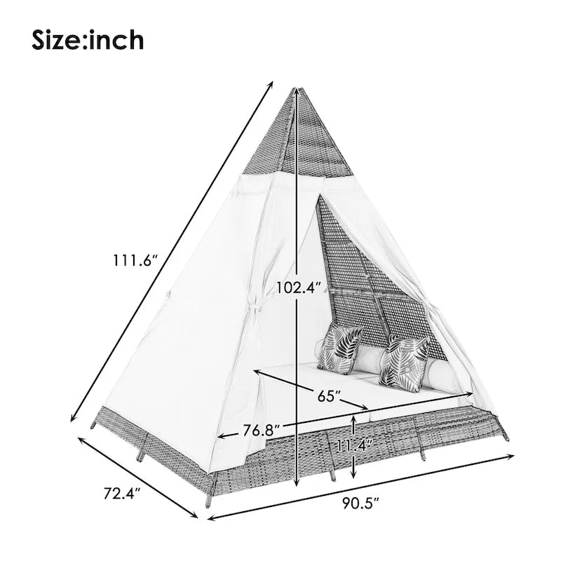 Lettino a tenda triangolare in vimini per esterni da 90,5" con cuscini colorati e tenda