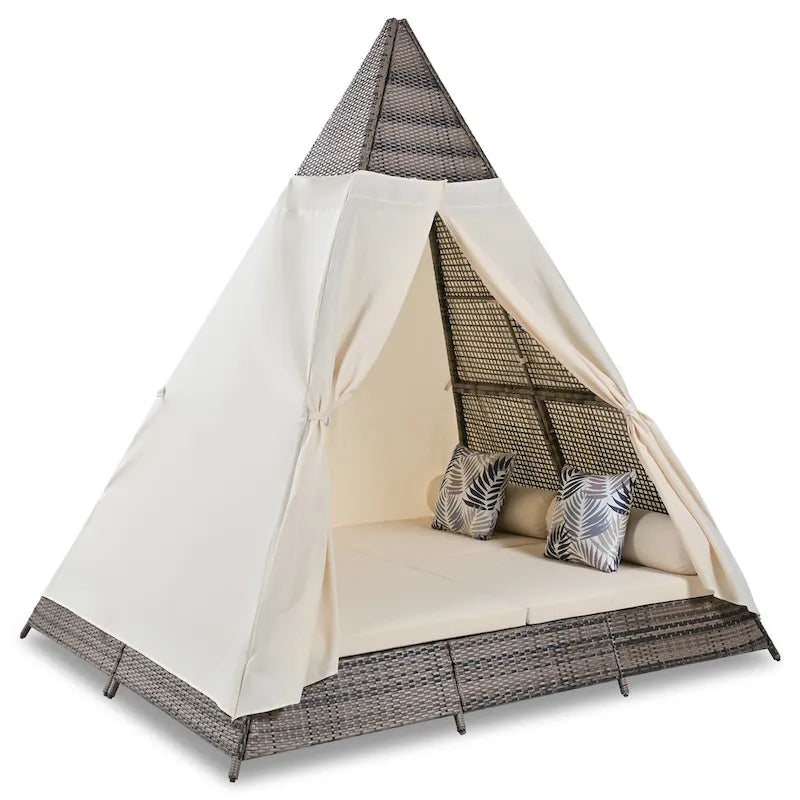 Lettino a tenda triangolare in vimini per esterni da 90,5" con cuscini colorati e tenda