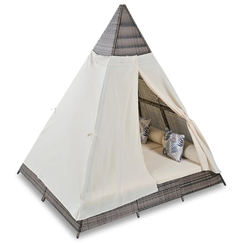 Lettino a tenda triangolare in vimini per esterni da 90,5" con cuscini colorati e tenda