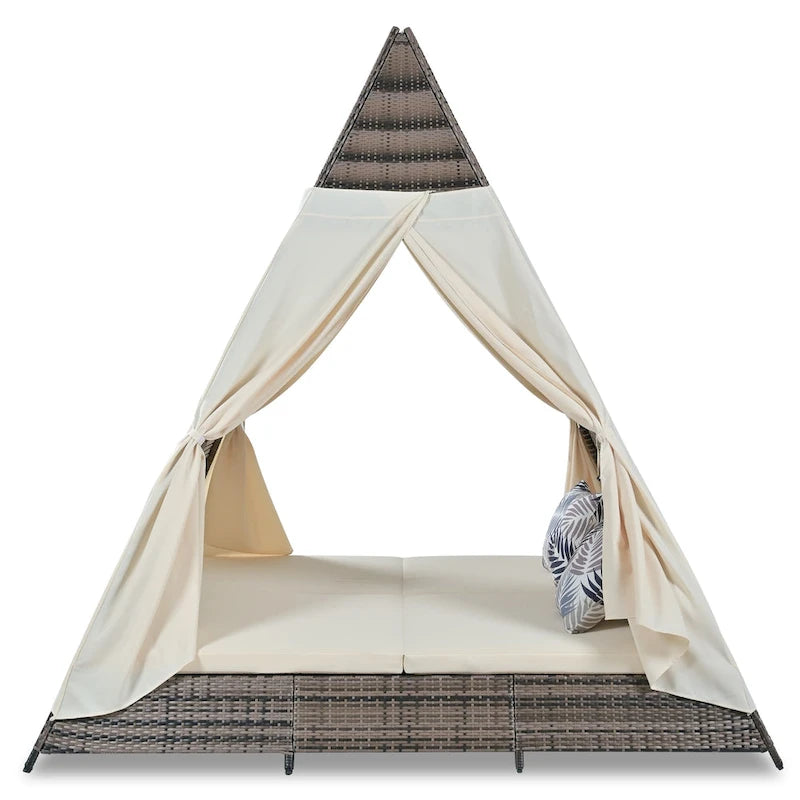 Lettino a tenda triangolare in vimini per esterni da 90,5" con cuscini colorati e tenda