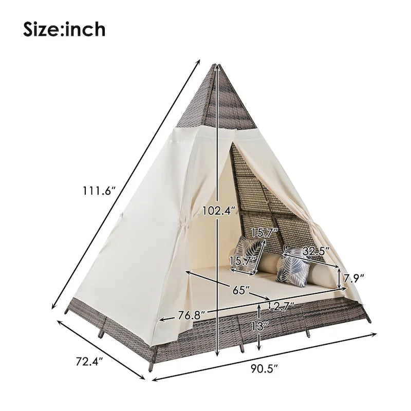 Lettino a tenda triangolare in vimini per esterni da 90,5" con cuscini colorati e tenda