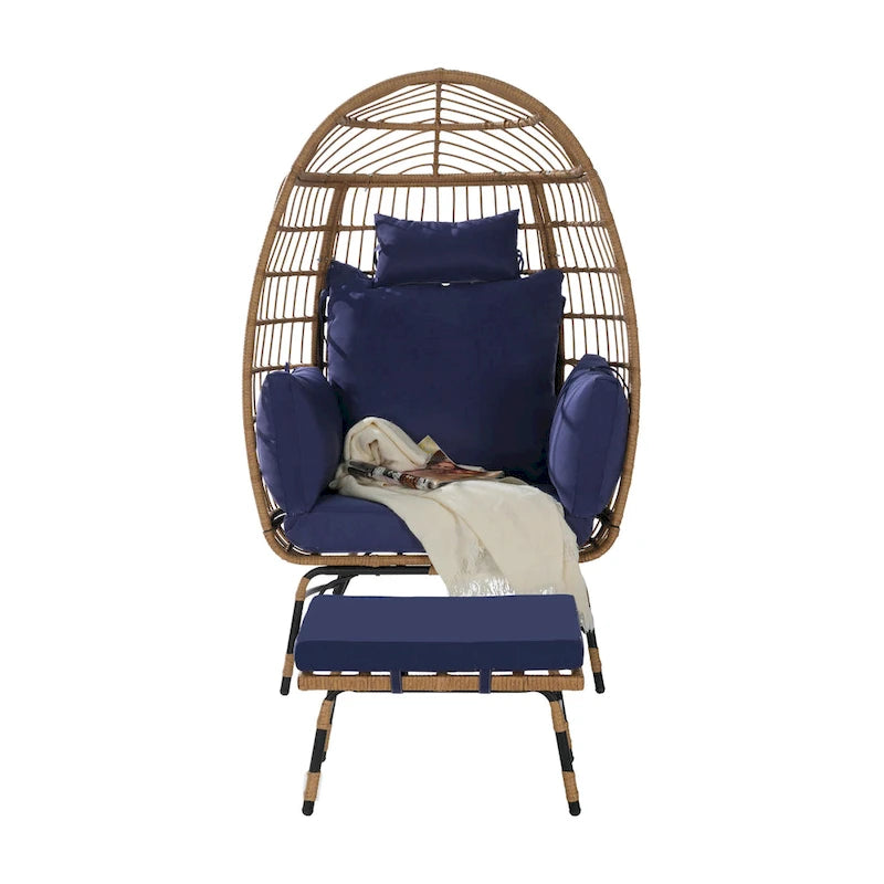 Fauteuil œuf en rotin surdimensionné d'extérieur 2 pièces avec pouf