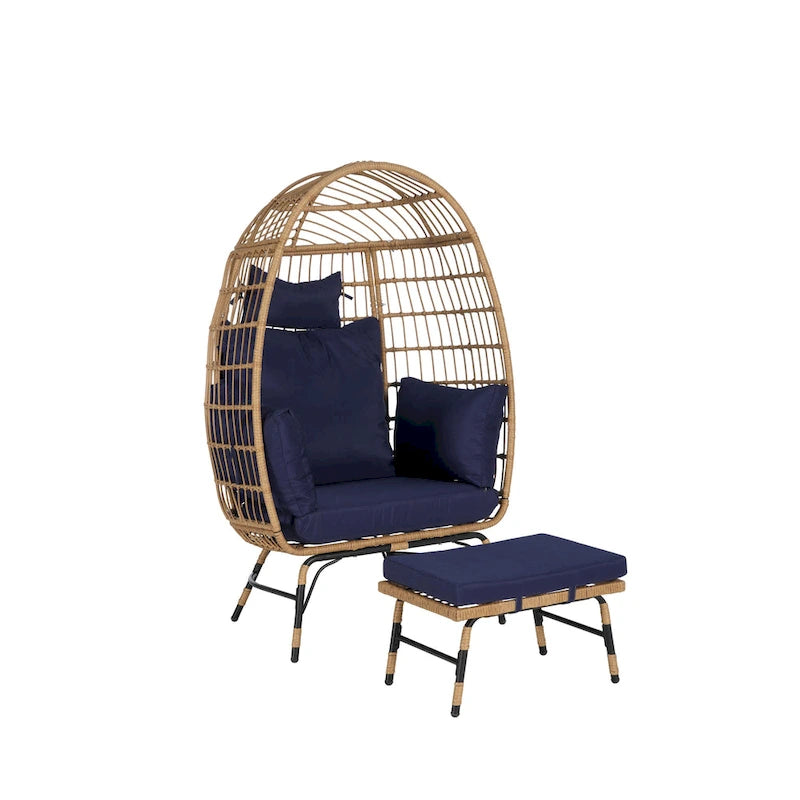 Fauteuil œuf en rotin surdimensionné d'extérieur 2 pièces avec pouf