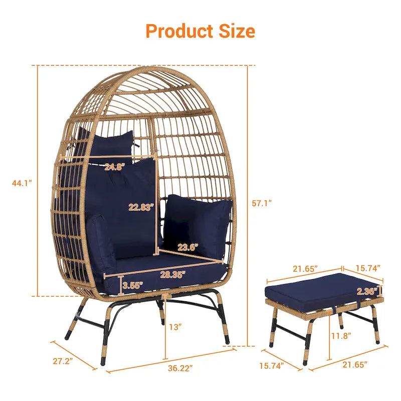 Fauteuil œuf en rotin surdimensionné d'extérieur 2 pièces avec pouf