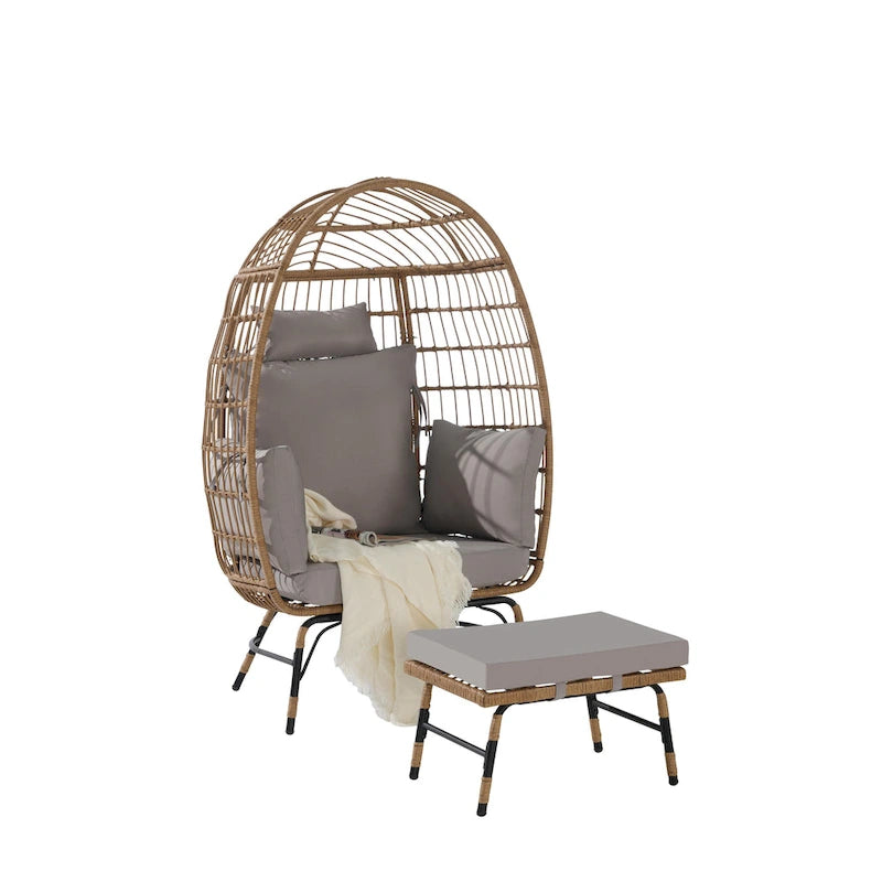 Fauteuil œuf en rotin surdimensionné d'extérieur 2 pièces avec pouf