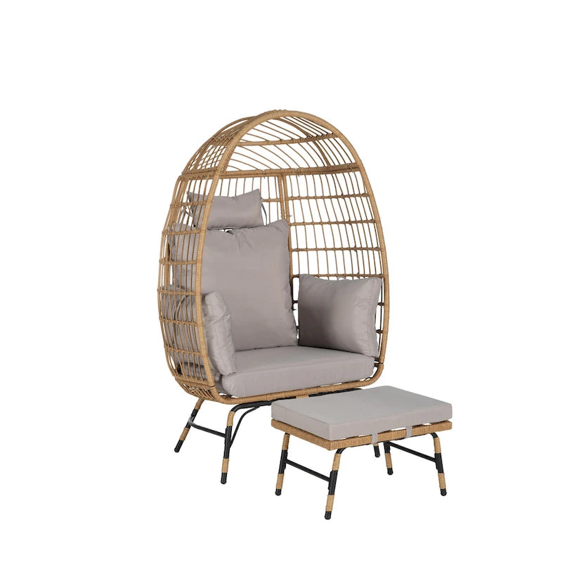 Fauteuil œuf en rotin surdimensionné d'extérieur 2 pièces avec pouf