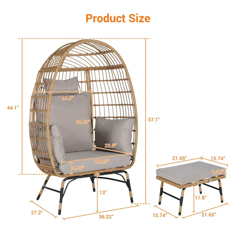 Fauteuil œuf en rotin surdimensionné d'extérieur 2 pièces avec pouf