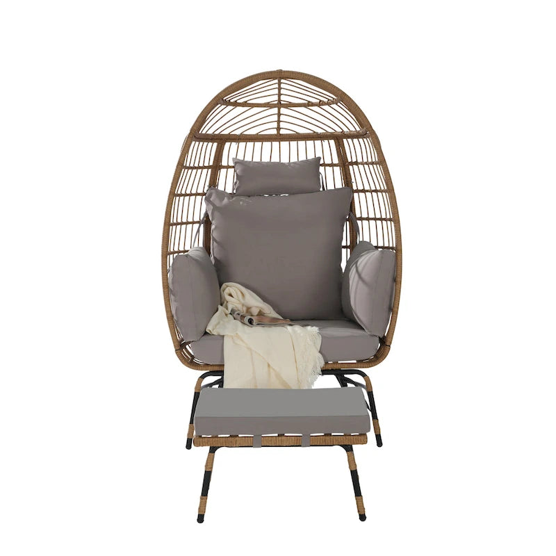 Fauteuil œuf en rotin surdimensionné d'extérieur 2 pièces avec pouf