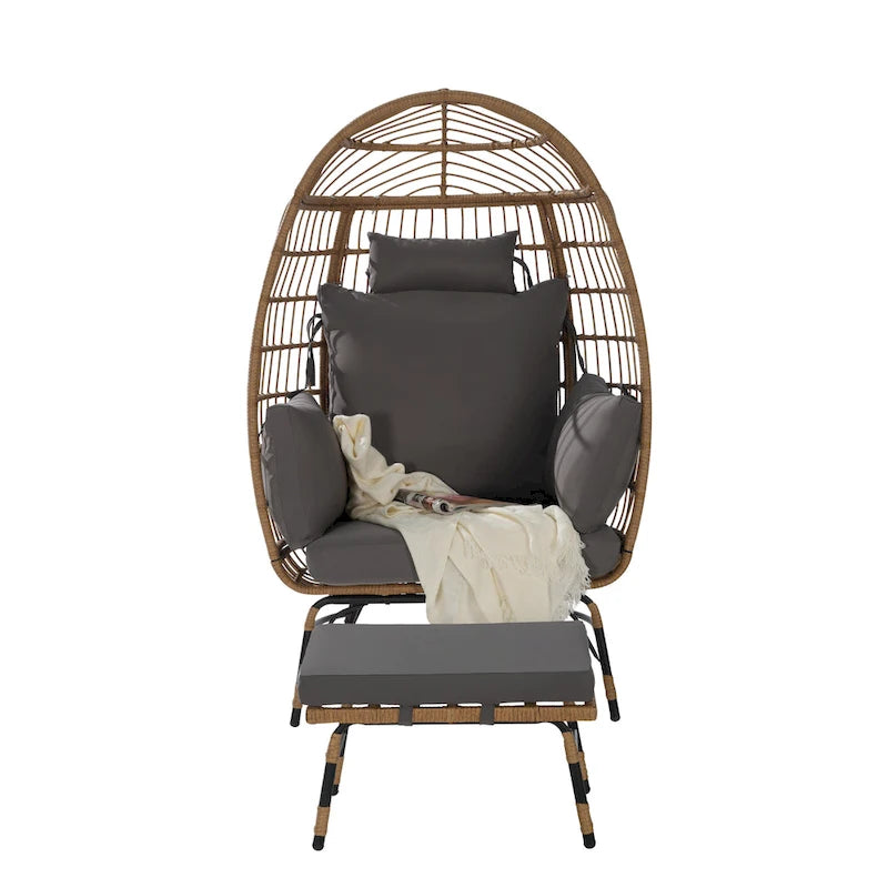 Fauteuil œuf en rotin surdimensionné d'extérieur 2 pièces avec pouf