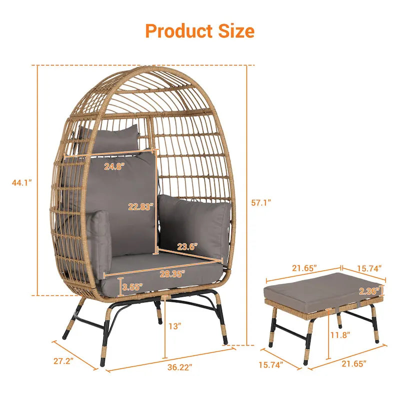 Fauteuil œuf en rotin surdimensionné d'extérieur 2 pièces avec pouf