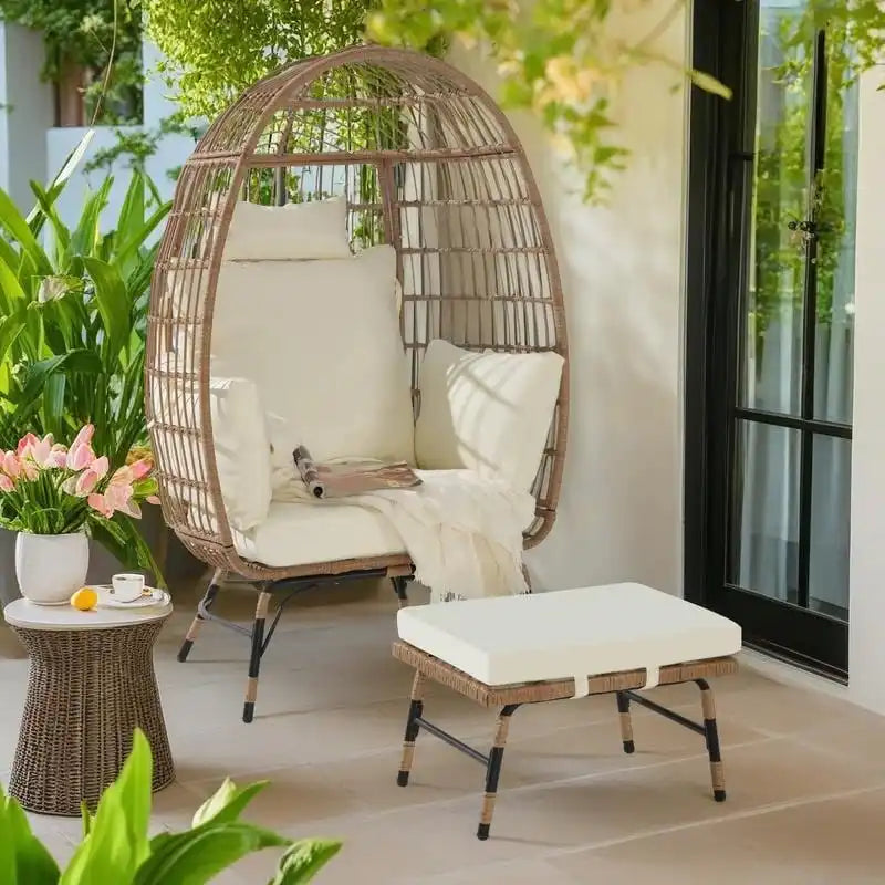 Fauteuil œuf en rotin surdimensionné d'extérieur 2 pièces avec pouf
