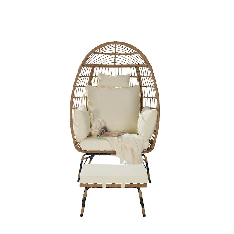 Fauteuil œuf en rotin surdimensionné d'extérieur 2 pièces avec pouf