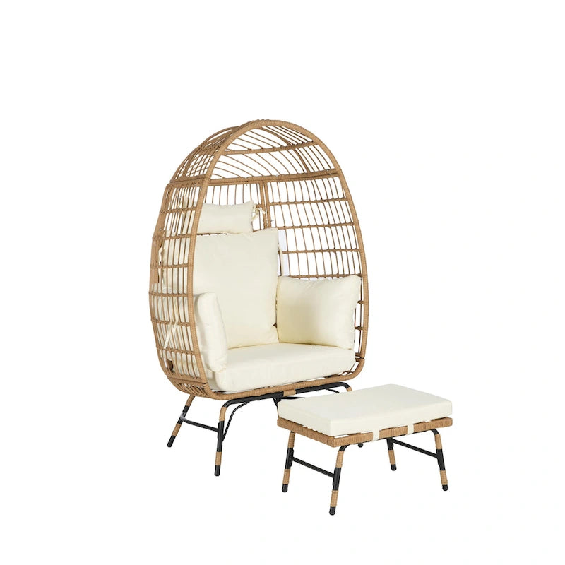 Fauteuil œuf en rotin surdimensionné d'extérieur 2 pièces avec pouf