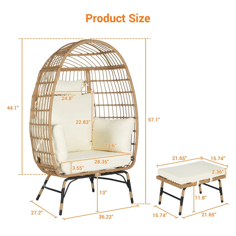 Fauteuil œuf en rotin surdimensionné d'extérieur 2 pièces avec pouf
