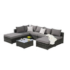 Ensemble de canapé d'angle d'extérieur 8 pièces avec coussins lavables et table basse en verre