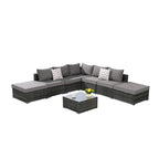 Ensemble de canapé d'angle d'extérieur 8 pièces avec coussins lavables et table basse en verre