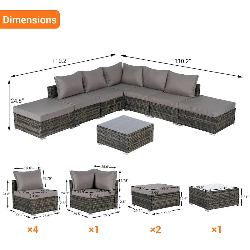 Ensemble de canapé d'angle d'extérieur 8 pièces avec coussins lavables et table basse en verre