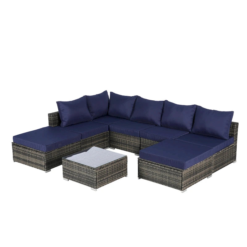 Ensemble de canapé d'angle d'extérieur 8 pièces avec coussins lavables et table basse en verre