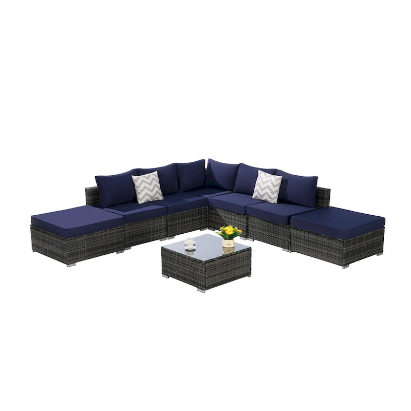 Ensemble de canapé d'angle d'extérieur 8 pièces avec coussins lavables et table basse en verre
