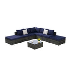 Ensemble de canapé d'angle d'extérieur 8 pièces avec coussins lavables et table basse en verre