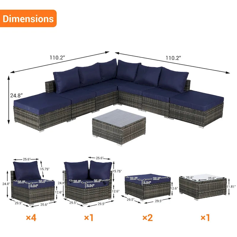 Ensemble de canapé d'angle d'extérieur 8 pièces avec coussins lavables et table basse en verre