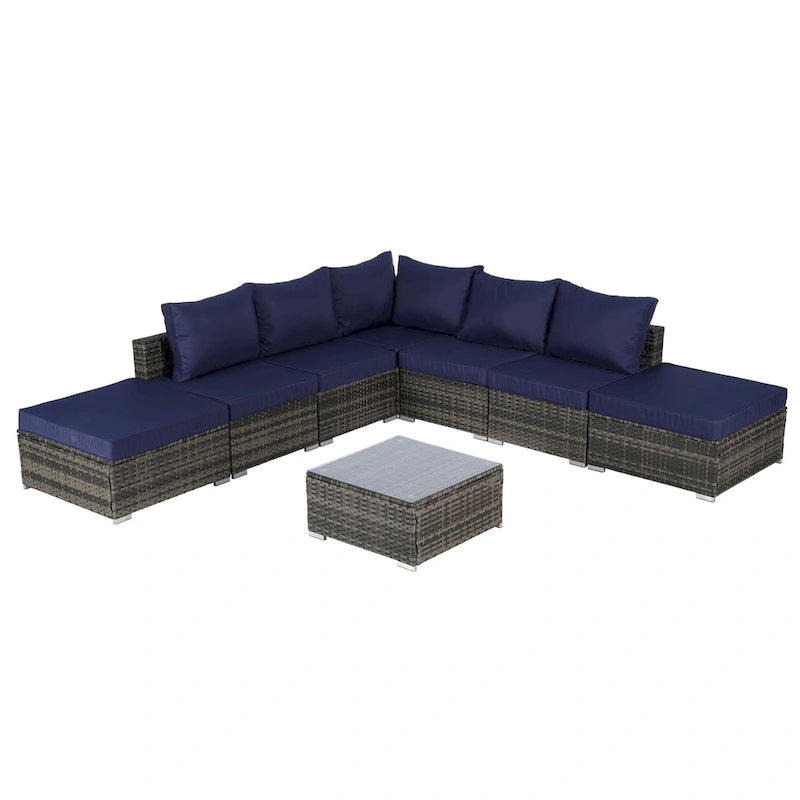 Ensemble de canapé d'angle d'extérieur 8 pièces avec coussins lavables et table basse en verre