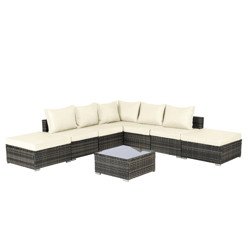 Ensemble de canapé d'angle d'extérieur 8 pièces avec coussins lavables et table basse en verre