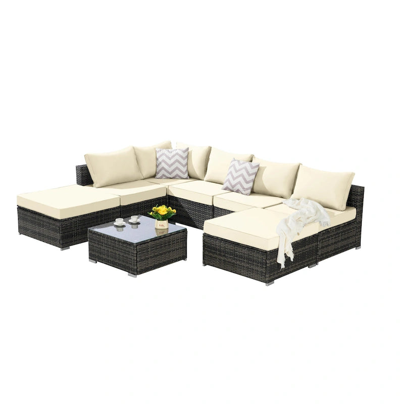 Ensemble de canapé d'angle d'extérieur 8 pièces avec coussins lavables et table basse en verre