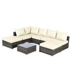 Ensemble de canapé d'angle d'extérieur 8 pièces avec coussins lavables et table basse en verre