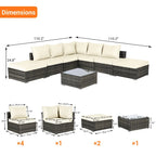 Ensemble de canapé d'angle d'extérieur 8 pièces avec coussins lavables et table basse en verre
