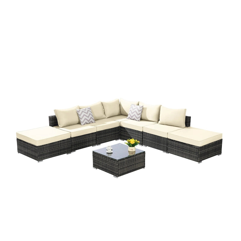 Ensemble de canapé d'angle d'extérieur 8 pièces avec coussins lavables et table basse en verre