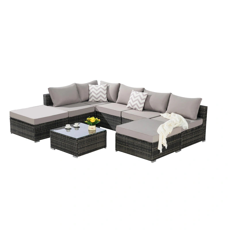 Ensemble de canapé d'angle d'extérieur 8 pièces avec coussins lavables et table basse en verre