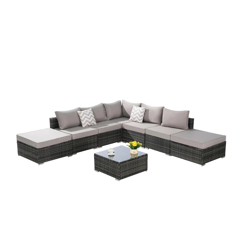 Ensemble de canapé d'angle d'extérieur 8 pièces avec coussins lavables et table basse en verre